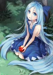 Rule 34 | 1girl, absurdly long hair, alternate hair length, alternate hairstyle, apple, asutora, bare arms, bare shoulders, blue bow, blue dress, bow, cirno, commentary request, dress, food, fruit, grass, hair between eyes, hair bow, head tilt, highres, holding, holding food, holding fruit, ice, ice wings, long hair, looking at viewer, looking up, outdoors, parted lips, pinafore dress, seiza, shirt, sitting, sleeveless, sleeveless dress, sleeveless shirt, solo, torn clothes, torn shirt, touhou, tree, very long hair, white shirt, wing collar, wings