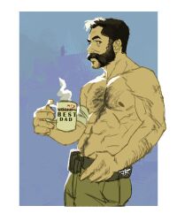 Rule 34 | 1boy, abs, absurdres, bara, beard, call of duty, call of duty: modern warfare 2, captain price, chest hair, cup, dad mug, facial hair, feet out of frame, from side, highres, holding, holding cup, large pectorals, looking at viewer, male focus, mature male, mug, muscular, muscular male, mutton chops, nipples, pectorals, rustic (rusticfurnace), short hair, sideways glance, solo, thick eyebrows