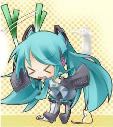 Rule 34 | &gt; &lt;, 1girl, cat, chibi, closed eyes, excited, female focus, full body, gradient background, green hair, hatsune miku, headphones, jpeg artifacts, longcat (meme), lowres, meme, microphone, necktie, solo, spring onion, twintails, vocaloid