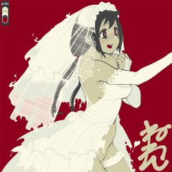 Rule 34 | 1futa, black hair, blush, bridal gauntlets, bridal veil, color guide, dress, elbow gloves, erection, futanari, gloves, heart, heart-shaped pupils, limited palette, long hair, low twintails, makoto (neone), navel, neone, open clothes, open dress, open mouth, original, penis, red background, sidelocks, simple background, solo, symbol-shaped pupils, twintails, veil, white dress