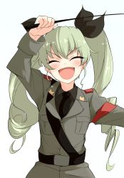 Rule 34 | 10s, 1girl, :d, anchovy (girls und panzer), anzio military uniform, arm up, barashiya, belt, black belt, black necktie, black ribbon, black shirt, commentary request, dress shirt, drill hair, facing viewer, girls und panzer, green hair, grey jacket, hair ribbon, highres, holding, holding riding crop, jacket, long hair, long sleeves, military, military uniform, necktie, open mouth, red eyes, ribbon, riding crop, sam browne belt, shirt, smile, solo, standing, twin drills, twintails, uniform, upper body, v-shaped eyebrows