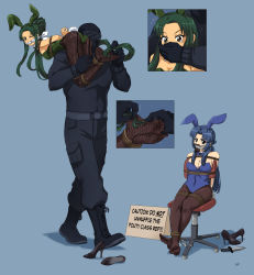 Rule 34 | 1boy, 2girls, absurdres, angry, animal ears, arms behind back, asakura ryouko, ass, bare shoulders, bdsm, blue bow, blue eyes, blue hair, blue leotard, blush, bondage, bound, bound arms, bow, bowtie, breasts, brown eyes, carrying, carrying over shoulder, chair, chloroform, cleavage, cleave gag, cloth gag, covering own mouth, crying, cuffs, detached collar, drugged, fake animal ears, fishnets, gag, gagged, grabbing, grabbing from behind, green bow, green hair, green leotard, hand over another&#039;s mouth, high heels, highres, improvised gag, knife, leotard, long hair, lost one zero, multiple girls, one eye closed, pantyhose, playboy bunny, rabbit ears, rabbit tail, rope, shoes, sign, strapless, strapless leotard, surprised, suzumiya haruhi no yuuutsu, sweat, tape, tape gag, taped hands, tears, thighhighs, thighs, tickling, tied to chair, tsuruya, unworn shoes, wince