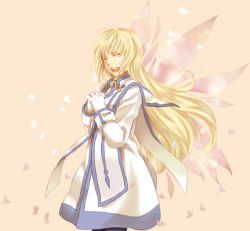 Rule 34 | 00s, 1girl, ^ ^, blonde hair, closed eyes, colette brunel, dress, female focus, gloves, happy, jewelry, long hair, miho (mi), necklace, open mouth, pantyhose, petals, sepia background, simple background, smile, solo, tales of (series), tales of symphonia, white gloves, wings