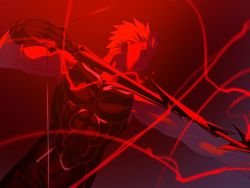 Rule 34 | 1boy, archer (fate), armor, arrow (projectile), aura, backlighting, bow (weapon), fate/hollow ataraxia, fate/stay night, fate (series), game cg, jpeg artifacts, male focus, manly, muscular, night, red theme, solo, spoilers, takeuchi takashi, type-moon, weapon