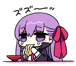 Rule 34 | 1girl, ai drawing anime characters eating ramen (meme), bb (fate), blush stickers, bowl, breasts, chan co, chibi, commentary, eating, fate/extra, fate (series), food, gloves, hair ribbon, long hair, medium breasts, meme, noodles, pink ribbon, purple eyes, purple hair, ramen, ribbon, simple background, solo, white background, white gloves