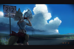 Rule 34 | 1girl, animal ear fluff, animal ears, arm up, ass, bag, bare arms, bare shoulders, beleven, bike shorts, bike shorts under skirt, blue sky, bottle, bra strap, choker, clothing cutout, cloud, commentary, cowboy shot, coyopotato, coyote (kemono friends), dated, day, drinking, drinking straw, from side, grass, grasslands, hand up, highres, holding, holding bottle, holding map, kemono friends, kemono friends v project, letterboxed, looking at object, map, medium hair, midriff, off-shoulder shirt, off shoulder, outdoors, paid reward available, revision, road, road sign, scenery, shirt, short sleeves, shoulder bag, sign, skirt, sky, solo, tail, tail through clothes, tan, virtual youtuber, wolf ears, wolf tail, yellow eyes