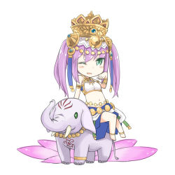 Rule 34 | 1girl, animal, anklet, aqua eyes, armlet, bandeau, bare shoulders, beads, blush, bracelet, chibi, elephant, flower, hair ornament, hat, jewelry, lakshmi (p&amp;d), long hair, lots of jewelry, lotus, lowres, navel, one eye closed, open mouth, purple eyes, puzzle &amp; dragons, simple background, sitting, sitting on animal, skirt, smile, solo, twintails, white background, yukitarou (awamori)