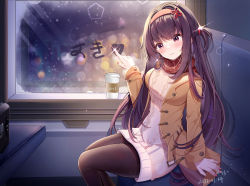 Rule 34 | 1girl, black hair, black pantyhose, braid, brown coat, brown eyes, chinese commentary, city lights, closed mouth, coat, commentary request, cup, dated, disposable cup, hair ribbon, hairband, hamidashi creative, highres, kamakura shio, long hair, miaogujun, nail polish, night, pantyhose, red scarf, ribbon, scarf, school, sidelocks, signature, sitting, smile, solo, sparkle, sweater, thighhighs, train interior, white sweater, window, winter
