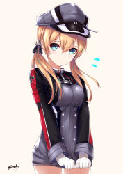 Rule 34 | 10s, 1girl, absurdres, artist name, bee doushi, blonde hair, blue eyes, blush, flying sweatdrops, gloves, hair between eyes, hat, highres, kantai collection, long hair, long sleeves, low twintails, military, military uniform, open mouth, peaked cap, prinz eugen (kancolle), solo, twintails, uniform, white gloves
