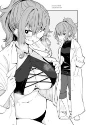Rule 34 | 1girl, artist name, bikini, blush, breasts, commentary request, full body, glasses, grey background, greyscale, hands in pockets, highres, kichihachi, lab coat, large breasts, looking at viewer, monochrome, mouth hold, multiple views, navel, opaque glasses, open clothes, original, ponytail, round eyewear, short hair, sidelocks, sweat, sweater, swimsuit, thighs, turtleneck, turtleneck sweater, two-tone background, white background