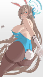 Rule 34 | 1girl, animal ears, ass, asuna (blue archive), asuna (bunny) (blue archive), bare arms, bare shoulders, blue archive, blue eyes, blush, breasts, brown hair, brown pantyhose, elbow gloves, fake animal ears, fake tail, from behind, gloves, grey background, grin, hair ornament, hairband, halo, highres, large breasts, leotard, long hair, looking back, pantyhose, parted lips, playboy bunny, rabbit ears, rabbit tail, silver bullet (ecc12 8), simple background, smile, solo, tail, teeth, thighband pantyhose, thighs, white gloves, white hairband