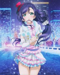 Rule 34 | 10s, 1girl, absurdres, artist request, bad id, bad yandere id, braid, detached sleeves, green eyes, hat, highres, love live!, love live! school idol project, mini hat, mini top hat, official art, purple hair, skirt, snow halation, solo, top hat, tojo nozomi
