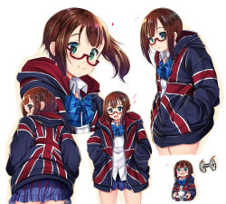 Rule 34 | +++, 1girl, :d, black jacket, blue bow, blue skirt, blush, bow, brown hair, closed mouth, collared shirt, commentary request, cup, dress shirt, flag print, green eyes, hair ornament, hairclip, heart, highres, holding, holding cup, holding saucer, hood, hood down, hooded jacket, jacket, kosaka yukiho, love live!, love live! school idol project, mad (hazukiken), multiple views, open mouth, oversized clothes, panjandrum, pleated skirt, print jacket, red-framed eyewear, saucer, semi-rimless eyewear, shirt, side ponytail, skirt, smile, under-rim eyewear, union jack, white background, white shirt