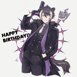 Rule 34 | 1boy, animal ear fluff, animal ears, black coat, black gloves, black hair, coat, fugampiyo, gloves, gun, hair between eyes, hand in pocket, happy birthday, highres, holding, holding gun, holding weapon, holostars, jackal boy, jackal ears, jackal tail, kageyama shien, kageyama shien (1st costume), looking at viewer, male focus, necktie, nekoyama shien, one eye closed, open clothes, open coat, signature, smile, solo, sparkle, tail, virtual youtuber, weapon, white background, white hair, white necktie, yellow eyes