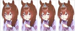 Rule 34 | 1girl, animal ears, averting eyes, blue shirt, blush, braid, brown hair, commentary request, covered mouth, daiwa scarlet (umamusume), glasses, hair intakes, hair over shoulder, half-closed eyes, highres, holding, holding pen, horse ears, koruri, long hair, looking at viewer, looking to the side, low twintails, multiple views, pen, puffy short sleeves, puffy sleeves, round eyewear, school uniform, shirt, short sleeves, tiara, tracen school uniform, twin braids, twintails, umamusume, upper body, white background