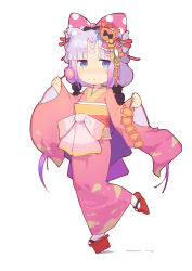 Rule 34 | 10s, 1girl, :&lt;, alternate costume, alternate hairstyle, beads, blue eyes, blunt bangs, blush, bow, child, dragon girl, dragon horns, full body, gujianshaonu, hair beads, hair ornament, hair ribbon, half-closed eyes, highres, horns, japanese clothes, kanna kamui, kimono, kobayashi-san chi no maidragon, light purple hair, looking at viewer, low twintails, pink kimono, polka dot, polka dot bow, ribbon, simple background, solo, twintails, white background, wide sleeves