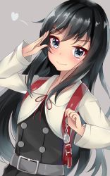 Rule 34 | 10s, 1girl, arm up, asashio (kancolle), backpack, bag, belt, black hair, blouse, blue eyes, blush, buttons, commentary request, dress, dutch angle, eyebrows, heart, highres, kantai collection, light smile, long hair, long sleeves, looking at viewer, nahaki, neck ribbon, pantyhose, pinafore dress, randoseru, red ribbon, ribbon, salute, school uniform, shirt, simple background, sin-poi, sleeveless, sleeveless dress, solo, upper body, vest, white shirt