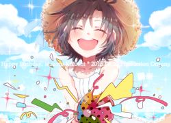Rule 34 | 1girl, 2016, :d, ^ ^, antenna hair, bare shoulders, beach, black hair, blue sky, blush, brown hat, closed eyes, cloud, collarbone, dated, day, hair between eyes, happy birthday, hat, idolmaster, idolmaster (classic), kikuchi makoto, ocean, onyang, open mouth, outdoors, party popper, short hair, sky, smile, solo, sparkle, star (symbol), straw hat, teeth, upper body, water