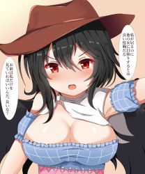 Rule 34 | 1girl, bandana, black hair, black wings, blue shirt, blush, breasts, brown hat, cleavage, cowboy hat, detached sleeves, gradient background, guard vent jun, hat, highres, kurokoma saki, large breasts, looking at viewer, medium hair, off-shoulder shirt, off shoulder, open mouth, pegasus wings, plaid, plaid shirt, red eyes, shirt, solo, speech bubble, touhou, translation request, upper body, v-shaped eyebrows, white bandana, wings