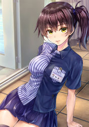 Rule 34 | 10s, 1girl, alternate costume, arm support, blue skirt, brand name imitation, breasts, brown hair, character name, checkered floor, colored eyelashes, door, employee uniform, id card, kaga (kancolle), kantai collection, koyuki (kotatsu358), large breasts, lawson, lips, looking at viewer, miniskirt, one-piece swimsuit, parted lips, pleated skirt, school swimsuit, shirt, side ponytail, sitting, skirt, solo, striped clothes, striped shirt, swimsuit, tile floor, tiles, uniform, vertical-striped clothes, vertical-striped shirt