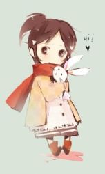 Rule 34 | 1girl, boots, brown hair, rabbit, chibi, coat, female focus, full body, lowres, scarf, side ponytail, solo