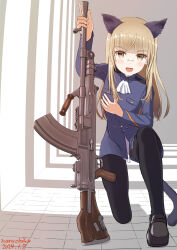 Rule 34 | 1girl, absurdres, animal ears, artist name, black pantyhose, blonde hair, blue jacket, bren lmg, cat ears, cat girl, character request, dated, glasses, gun, highres, jacket, light machine gun, long sleeves, looking at viewer, military uniform, naruchisukisuki, pantyhose, solo, strike witches, uniform, weapon, world witches series, yellow eyes