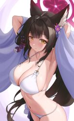 Rule 34 | 1girl, absurdres, animal ear fluff, animal ears, armpits, arms behind head, bikini, black hair, blue archive, blush, bow, breasts, cleavage, commentary, eyeshadow, flower, fox ears, fox girl, hair bow, hair flower, hair ornament, halo, highres, large breasts, long hair, looking at viewer, makeup, multiple hair bows, navel, pink halo, rinrasetsu, sideboob, simple background, smile, solo, string bikini, swimsuit, symbol-only commentary, wakamo (blue archive), wakamo (swimsuit) (blue archive), white background, white bikini, yellow eyes