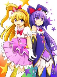 Rule 34 | 2girls, :d, asahina mirai, black gloves, black hat, blonde hair, bow, cowboy shot, cure magical, cure miracle, elbow gloves, gloves, hair bow, hairband, half updo, hat, holding hands, izayoi liko, long hair, looking at viewer, magical girl, mahou girls precure!, mini hat, mini witch hat, moja (moja4192), multiple girls, open mouth, pink bow, pink hat, pink skirt, ponytail, precure, puffy sleeves, purple eyes, purple hair, purple skirt, red bow, riko (mahou girls precure!), skirt, smile, star (symbol), white gloves, witch hat