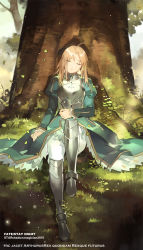 Rule 34 | 1girl, ahoge, alternate hairstyle, armor, artoria pendragon (fate), blonde hair, boots, breastplate, dress, closed eyes, fate/stay night, fate (series), grass, greaves, grey footwear, hair down, knee boots, latin text, leaf, armored boots, petals, saber (fate), sitting, sleeping, solo, starshadowmagician, tree