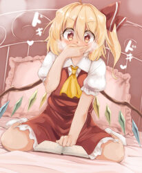 Rule 34 | 1girl, ascot, bed sheet, bedroom, blonde hair, book, breasts, collared shirt, covered mouth, crystal, embarrassed, flandre scarlet, frilled skirt, frilled sleeves, frills, full body, hair between eyes, hand on own face, heart, highres, indoors, looking at object, medium hair, moja (moja4192), multicolored wings, no headwear, no shoes, on bed, one side up, open book, pillow, puffy short sleeves, puffy sleeves, reading, red eyes, red skirt, red vest, shirt, short sleeves, sitting, skirt, small breasts, socks, solo, touhou, vest, wariza, white shirt, white socks, wings, yellow ascot