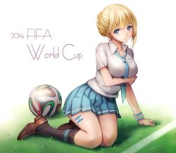 Rule 34 | 10s, 1girl, 2014, 2014 fifa world cup, argentina, arm support, ball, black socks, blonde hair, blue eyes, blush, brazuca, breast hold, breasts, dress shirt, english text, full body, grass, highres, kneehighs, large breasts, loafers, loose necktie, necktie, original, parted lips, pleated skirt, school uniform, shirt, shoes, short hair, short sleeves, skirt, soccer, soccer ball, soccer field, socks, solo, tattoo, tidsean, white background, world cup, wristband