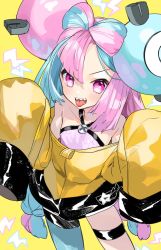 Rule 34 | 1girl, aano (10bit), aqua hair, blush, breasts, character hair ornament, creatures (company), game freak, hair ornament, highres, iono (pokemon), jacket, long hair, looking at viewer, multicolored hair, nintendo, open mouth, pink hair, pokemon, pokemon sv, sharp teeth, sleeves past fingers, sleeves past wrists, small breasts, smile, solo, teeth, two-tone hair, yellow jacket