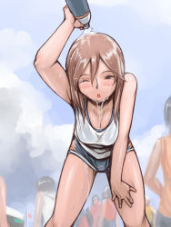 Rule 34 | 00s, 1girl, bent over, breasts, brown eyes, brown hair, casual, cleavage, large breasts, aged up, one eye closed, rozen maiden, short hair, shorts, solo, souseiseki, tsuda nanafushi, water, wet, wet clothes, wet hair, wink