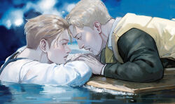 Rule 34 | 2boys, adelheid (moschiola), black jacket, blonde hair, brown hair, brown vest, cloud, couple, facial hair, highres, jacket, looking at another, male focus, multiple boys, open mouth, outdoors, partially submerged, porco galliard, reiner braun, shingeki no kyojin, shirt, short hair, sky, titanic (movie), vest, water, white shirt, yaoi