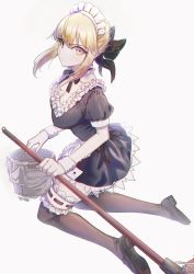 Rule 34 | 1girl, absurdres, apron, artoria pendragon (all), artoria pendragon (fate), black dress, black thighhighs, blonde hair, bow, bowtie, braid, bucket, dress, fate (series), frills, hair bow, highres, holding, kujuu shikuro, looking at viewer, maid, maid apron, maid headdress, official alternate costume, saber alter, short sleeves, simple background, solo, thighhighs, white background, wrist cuffs, yellow eyes