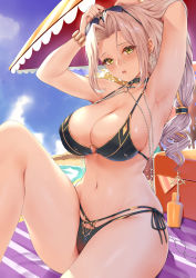 Rule 34 | 1girl, armpits, arms up, beach towel, beach umbrella, bikini, blonde hair, blue sky, bracelet, breasts, carmilla (fate), carmilla (swimsuit rider) (fate), carmilla (swimsuit rider) (third ascension) (fate), cleavage, cloud, cloudy sky, commentary request, day, earrings, eyewear on head, fate/grand order, fate (series), fingernails, gold trim, highres, jewelry, large breasts, long hair, looking at viewer, lotion bottle, low-tied long hair, nail polish, navel, open mouth, outdoors, shiny skin, side-tie bikini bottom, simple background, sitting, sky, solo, stomach, striped, sunglasses, sweat, sweatdrop, swimsuit, thighs, towel, toyoman, umbrella, water, yellow eyes