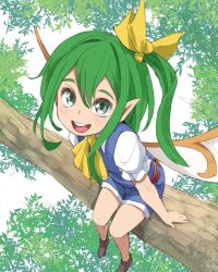 Rule 34 | 1girl, adapted costume, alternate costume, bad id, bad twitter id, belt, d@i, daiyousei, fairy wings, from above, full body, gender request, genderswap, green hair, hair ornament, hair ribbon, highres, in tree, looking at viewer, md5 mismatch, open mouth, pointy ears, puffy sleeves, resized, ribbon, shirt, shoes, short sleeves, shorts, side ponytail, sitting, sitting in tree, smile, solo, touhou, tree, vest, wings