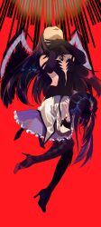 Rule 34 | 2girls, absurdres, akemi homura, akuma homura, black gloves, black hair, black pantyhose, breasts, cleavage, commentary, crossed arms, diamond print, elbow gloves, feathered wings, frilled skirt, frills, full body, gloves, high heels, highres, looking down, looking up, magical girl, mahou shoujo madoka magica, mahou shoujo madoka magica: hangyaku no monogatari, mihifu, multiple girls, pantyhose, purple skirt, red background, skirt, small breasts, wings
