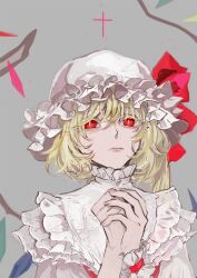 Rule 34 | 1girl, blonde hair, bow, collar, cross, crystal wings, expressionless, eyelashes, flandre scarlet, frilled collar, frilled cuffs, frilled headwear, frills, grey background, hair between eyes, hat, hat bow, inverted cross, mob cap, multicolored wings, one side up, own hands together, red bow, red eyes, short hair, simple background, solo, touhou, ue toono (atano), white hat, wings, wrist cuffs