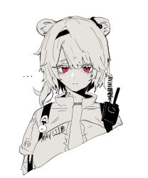 Rule 34 | ..., 0w07, 1girl, absinthe (arknights), animal ears, arknights, bags under eyes, bear ears, bear girl, closed mouth, commentary, cropped torso, english commentary, exhausted, expressionless, greyscale, highres, looking at viewer, material growth, monochrome, oripathy lesion (arknights), radio, red eyes, short hair, simple background, solo, split mouth, spot color, strap, unfinished, white background