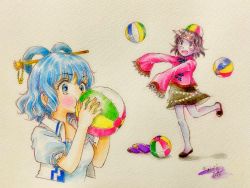 Rule 34 | 2girls, :d, alternate headwear, ball, beachball, blowing, blue eyes, blue hair, blush, cropped torso, full body, hair ornament, hair rings, hair stick, hat, unworn hat, unworn headwear, highres, jiangshi, kaku seiga, miyako yoshika, multiple girls, ofuda, open mouth, outstretched arms, playing, q-bee (aaru), simple background, sleeves past fingers, sleeves past wrists, smile, standing, standing on one leg, touhou, traditional media, upper body, white background, zombie pose