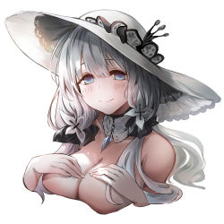 Rule 34 | 1girl, azur lane, bad id, bad pixiv id, bare shoulders, blue eyes, blush, breasts, cleavage, detached collar, hair ribbon, hands on own chest, hat, highres, illustrious (azur lane), jewelry, large breasts, long hair, looking at viewer, mole, mole under eye, pendant, ribbon, sidelocks, silver hair, simple background, smile, solo, sun hat, suru (ksoo420), upper body, white background, white hat