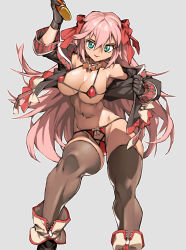 Rule 34 | 1girl, bikini, black gloves, breasts, brown thighhighs, gloves, green eyes, grey background, highres, holding, large breasts, long hair, looking at viewer, navel, original, pink hair, red bikini, simple background, smile, solo, swimsuit, thighhighs, very long hair, ysk!