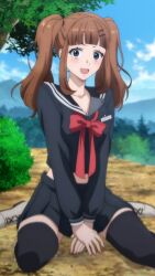 Rule 34 | 1girl, black sailor collar, black serafuku, black skirt, black thighhighs, blue eyes, bow, bowtie, brown hair, closed mouth, commentary, crop top, hair ornament, hairclip, light blush, long hair, looking at viewer, mizuse maria, name tag, open mouth, outdoors, pink nails, red bow, red bowtie, sailor collar, school uniform, serafuku, shoes, sitting, skirt, smile, solo, thighhighs, tomodachi game, tree, twintails, upper body, wariza