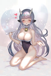 Rule 34 | 1girl, absurdres, animal ears, barefoot, bell, black leotard, blush, breasts, cleavage, closed eyes, cow ears, cow girl, cow horns, cowbell, facing viewer, full body, grey hair, hands up, heart, highleg, highleg leotard, highres, hitowa, holding, horns, large breasts, leotard, long hair, mole, mole under mouth, neck bell, open mouth, original, pom pom (clothes), sitting, smile, solo, strapless, strapless leotard, two-tone leotard, variant set, very long hair, white leotard, yokozuwari