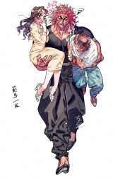 Rule 34 | 1girl, 2boys, akezawa emi, black pants, black shirt, blush, carrying, carrying person, carrying under arm, closed eyes, cndncndncndn, covering mouth, dress, family, father and son, grappler baki, hanma baki, hanma yuujirou, heart, heart-shaped pupils, highres, husband and wife, looking at another, mother and son, multiple boys, muscular, muscular male, pants, shirt, simple background, squiggle, symbol-shaped pupils, tall, tall male, veins, veiny arms, veiny face, veiny neck, walking, white background, yellow dress