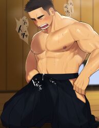 Rule 34 | 1boy, abs, bara, black hair, blush, closed mouth, clothed masturbation, clothing cutout, collarbone, commentary request, cum, cum in clothes, cum through clothes, dojo, hakama, hakama pants, half-closed eye, highres, japanese clothes, kneeling, large pectorals, male focus, male masturbation, masturbation, muscular, muscular male, nipples, one eye closed, open mouth, original, pants, pectorals, sarukichi 6401, short hair, solo, steaming body, strongman waist, sweat, thick eyebrows, thigh cutout, topless male, translation request, very sweaty