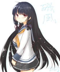 Rule 34 | 10s, 1girl, amaou (rin 0107), black hair, character name, cowboy shot, hair ribbon, hand on own chest, highres, isokaze (kancolle), kantai collection, long hair, long sleeves, looking at viewer, neckerchief, pleated skirt, red eyes, ribbon, sailor collar, school uniform, serafuku, skirt, smile, solo, very long hair, white background, yellow neckerchief