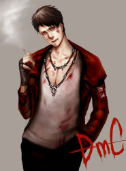 Rule 34 | black hair, blood, bruise, capcom, cigarette, dante (dmc: devil may cry), devil may cry (series), dmc: devil may cry, injury, jewelry, male focus, necklace, red eyes, scar, smoking