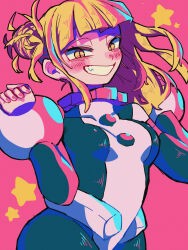 Rule 34 | 1girl, blunt bangs, blush, bodysuit, boku no hero academia, grin, hair bun, hands up, highres, looking at viewer, messy hair, multicolored bodysuit, multicolored clothes, neko manma, slit pupils, smile, solo, teeth, toga himiko, yellow eyes
